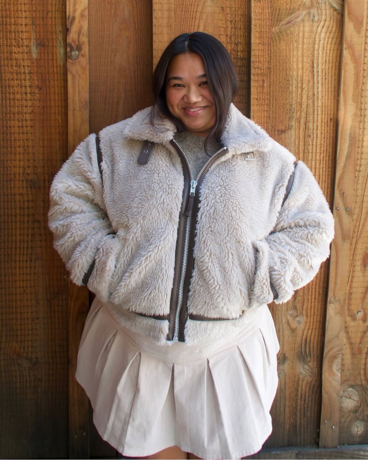 Textured Grey Knit with Cream Fuzzy Cropped Jacket Textured Grey Knit with Cream Fuzzy Cropped Jacket — Winter Outfits for Plus Size Women