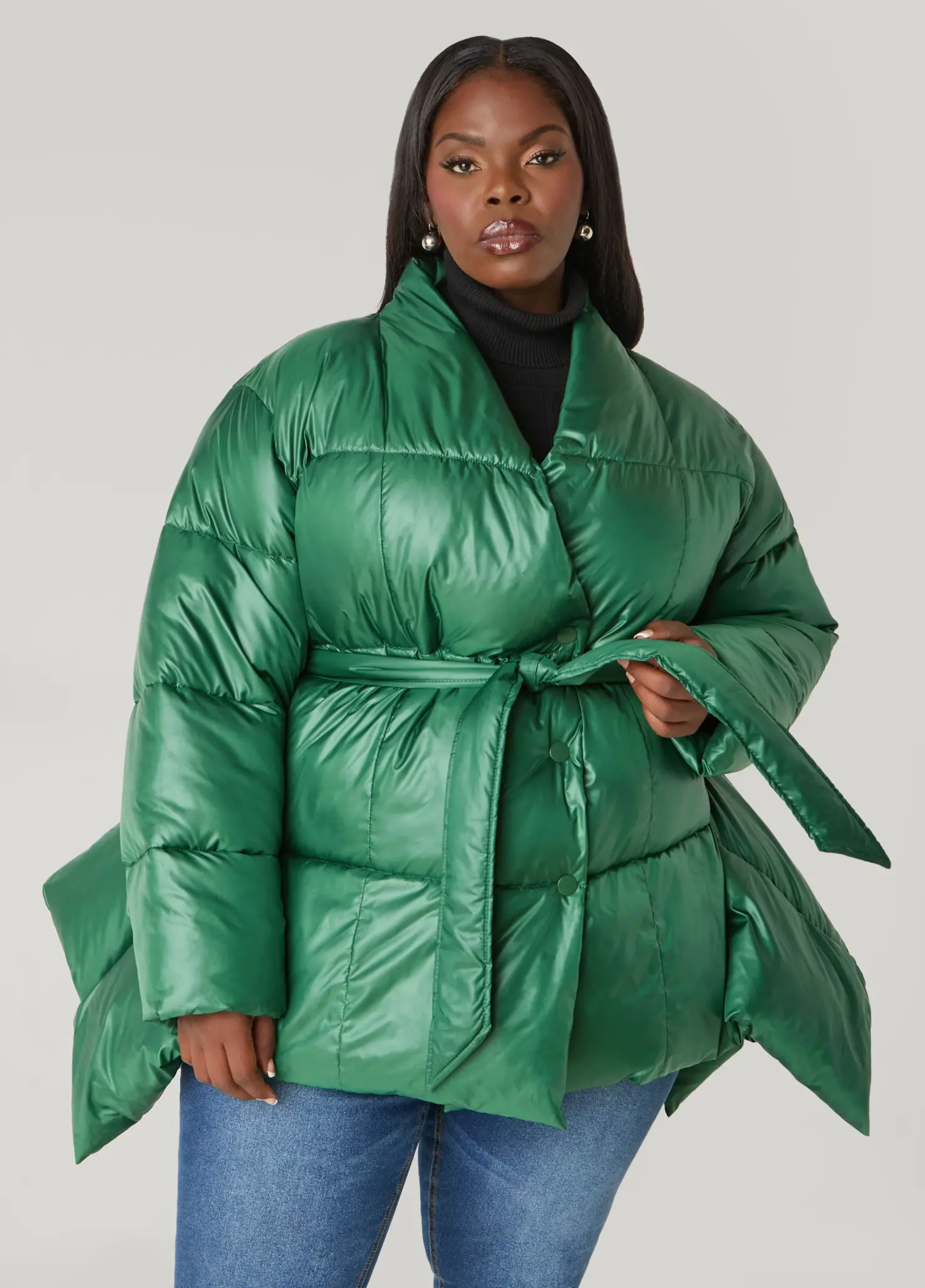 Vibrant Green Shiny Puffer Coat with Wrap Design Vibrant Green Shiny Puffer Coat with Wrap Design — Winter Outfits for Plus Size Women