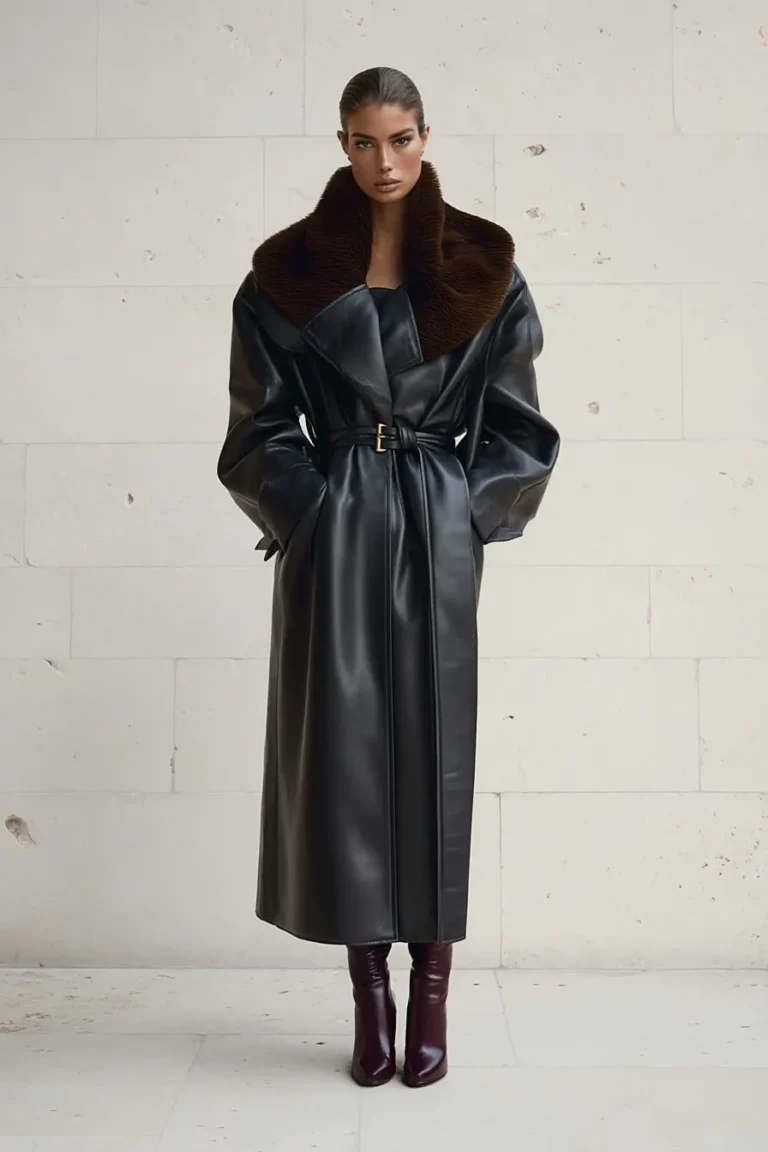 Dramatic Black Leather Trench with Fur Collar — Winter Outfits for Black Girls