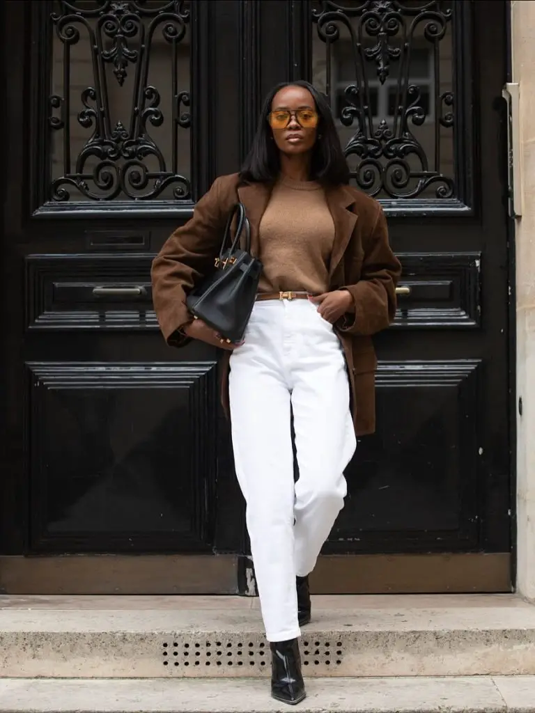 Brown Suede Blazer with Crewneck Sweater and White Trousers — Winter Outfits for Black Girls