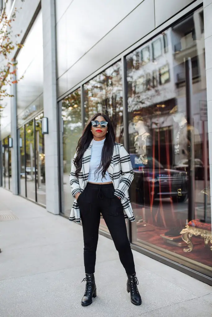 Plaid Jacket with Joggers and Lace-Up Boots — Winter Outfits for Black Girls
