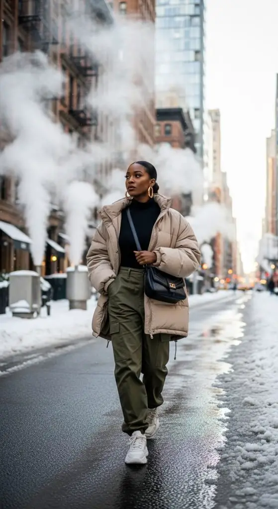 Beige Puffer Coat Over Black Turtleneck and Cargo Pants — Winter Outfits for Black Girls