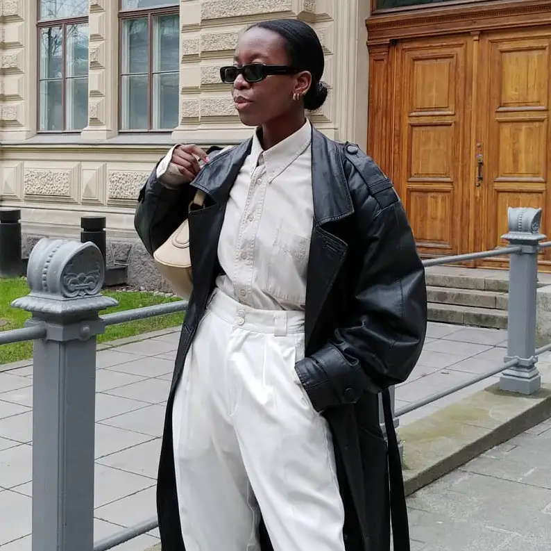 Black Leather Trench with White Trousers — Winter Outfits for Black Girls