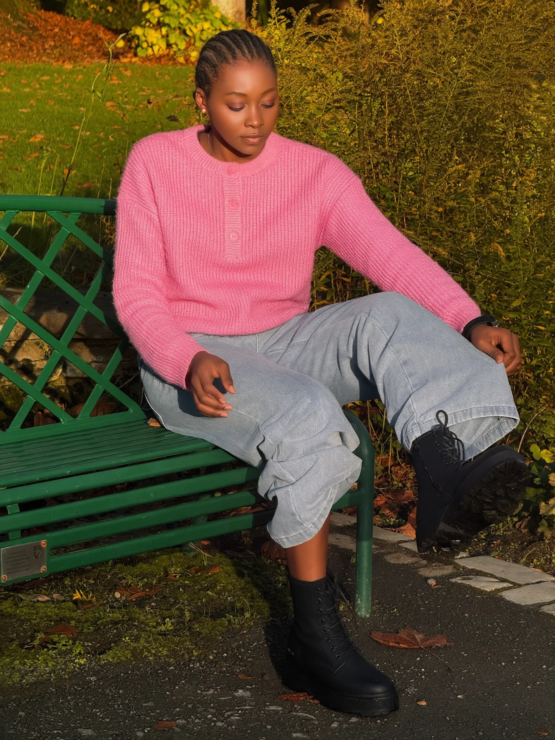 Vibrant Pink Fuzzy Sweater with Light Blue Jeans — Winter Outfits for Black Girls