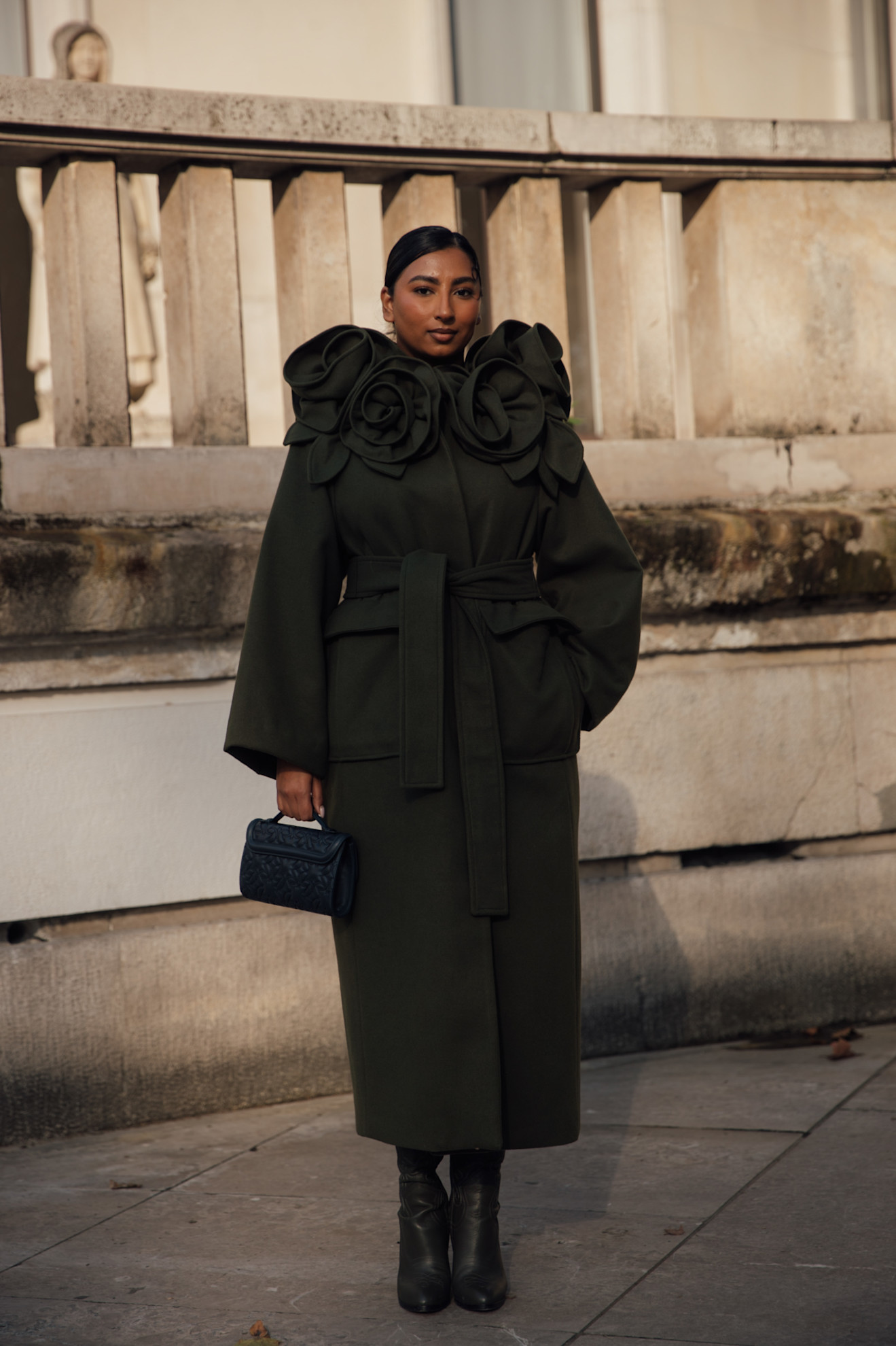 Olive Green Wool Coat with Floral Collar Detail — Winter Outfits for Black Girls