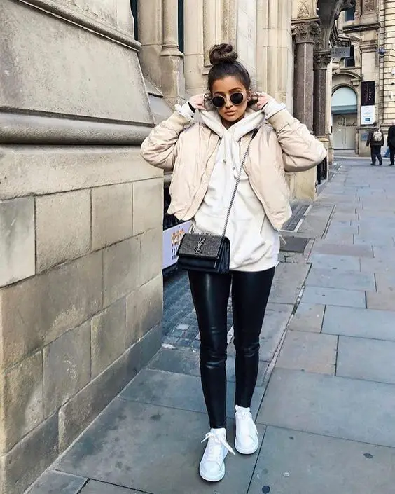 Casual Layers: Hoodie, Bomber Jacket, and Leather-Look Leggings — Fall to Winter Outfits