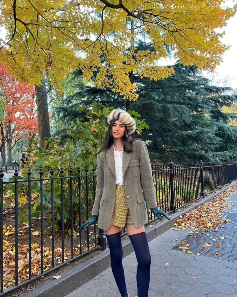 Green Tweed Blazer with Plaid Shorts and Navy Tights — Fall to Winter Outfits