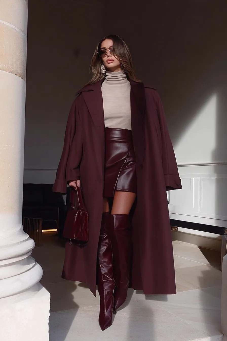 Burgundy Leather Ensemble with Trench Coat and Thigh-High Boots — Fall to Winter Outfits