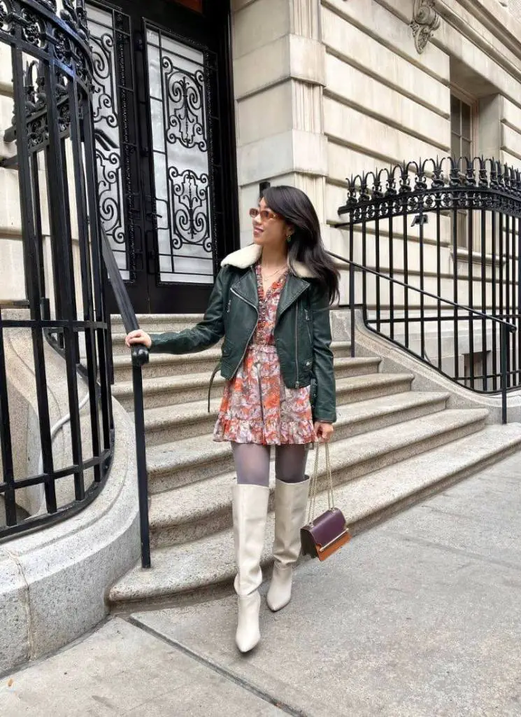 Moto Jacket Charm with Floral Dress and Knee-High Boots — Fall to Winter Outfits