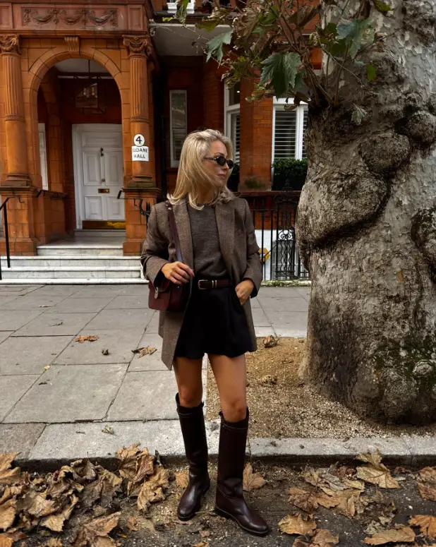 Textured Brown Tweed Blazer with Grey Sweater and Shorts — Fall to Winter Outfits