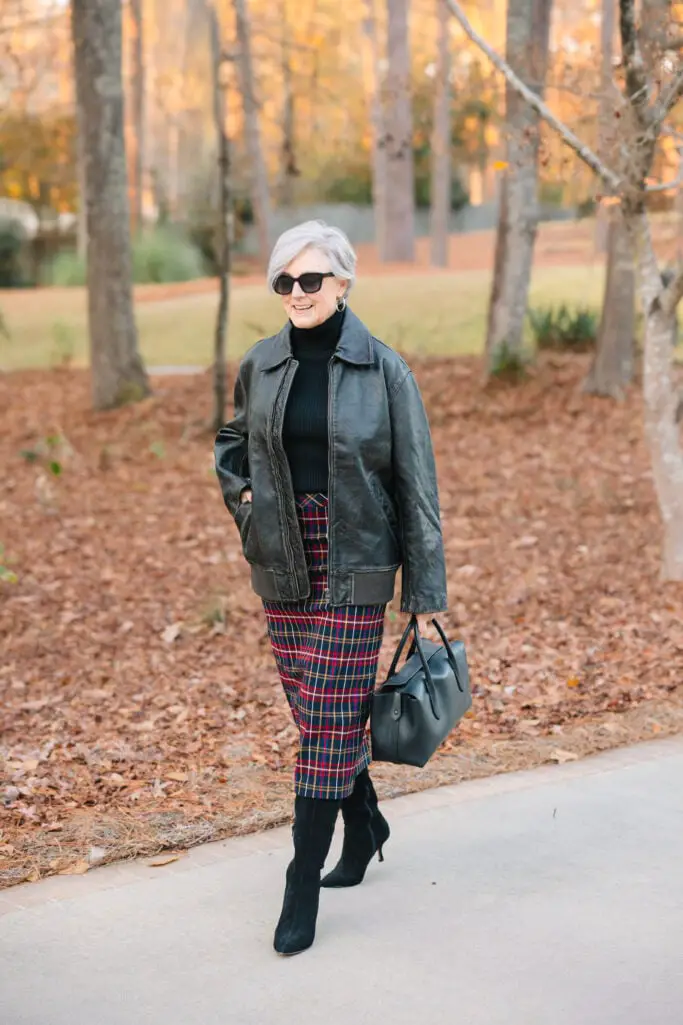 Leather Jacket and Plaid Skirt for Edgy Casual Style Leather Jacket and Plaid Skirt for Edgy Casual Style — Winter Outfits for Women Over 60