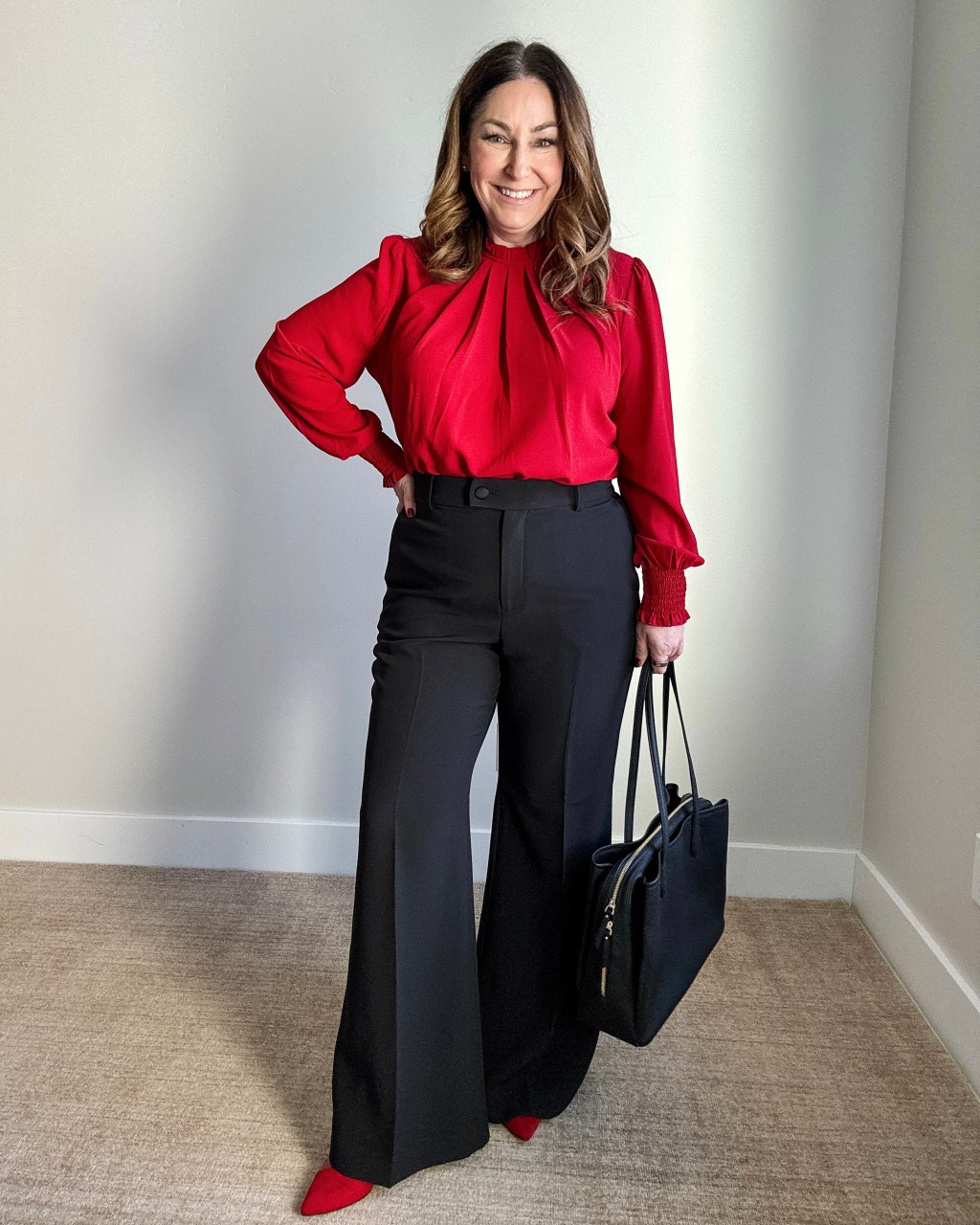 Vibrant Red Blouse and Wide-Leg Trousers for Professional Style Vibrant Red Blouse and Wide-Leg Trousers for Professional Style — Winter Outfits for Women Over 60