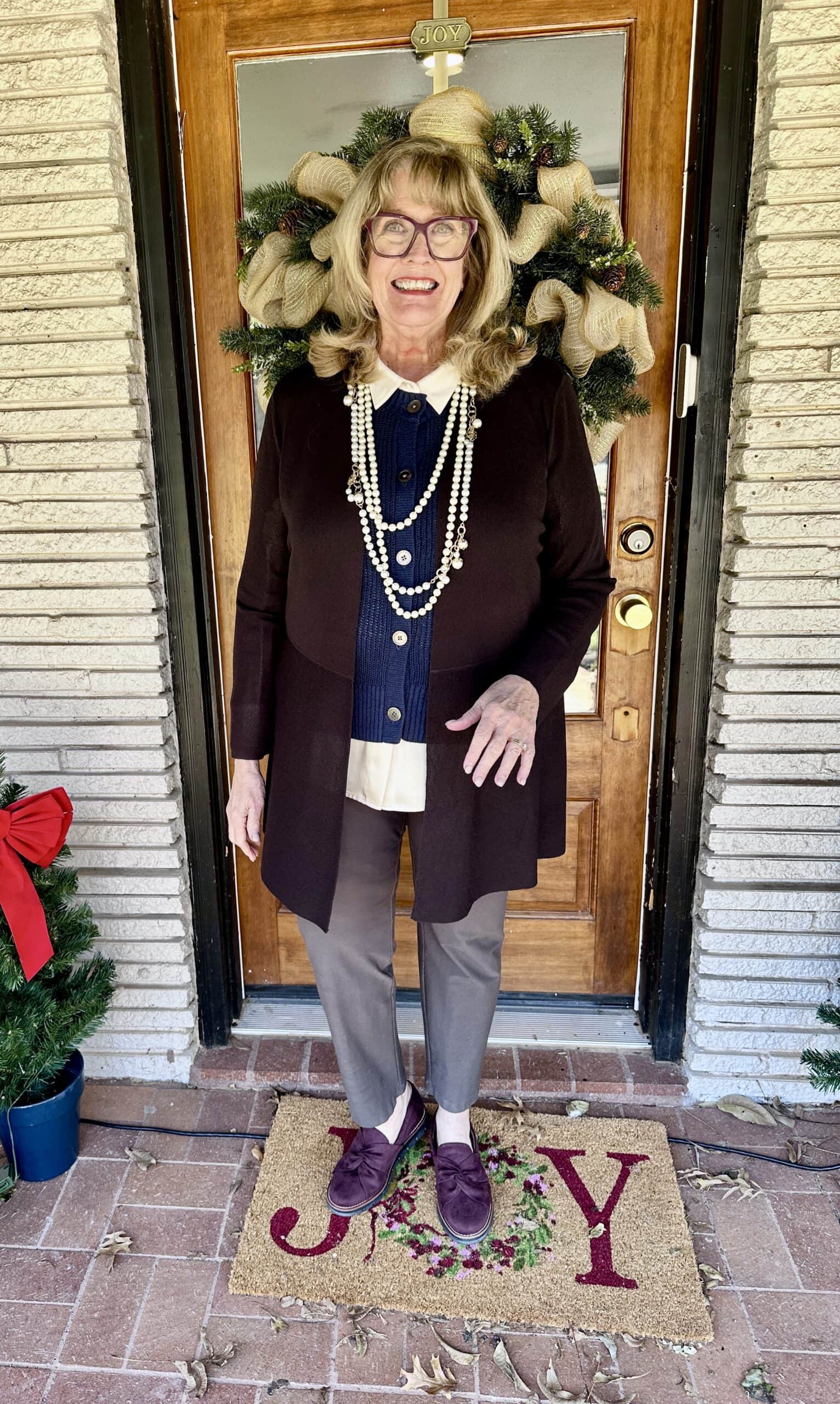 Cozy Layers with a Long Knit Cardigan and Pearls Cozy Layers with a Long Knit Cardigan and Pearls — Winter Outfits for Women Over 60