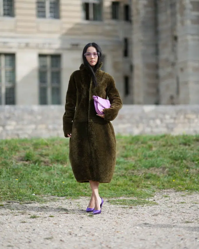 Dramatic Faux Fur Coat in Olive Green with Lavender Accents — Winter Going Out Outfits
