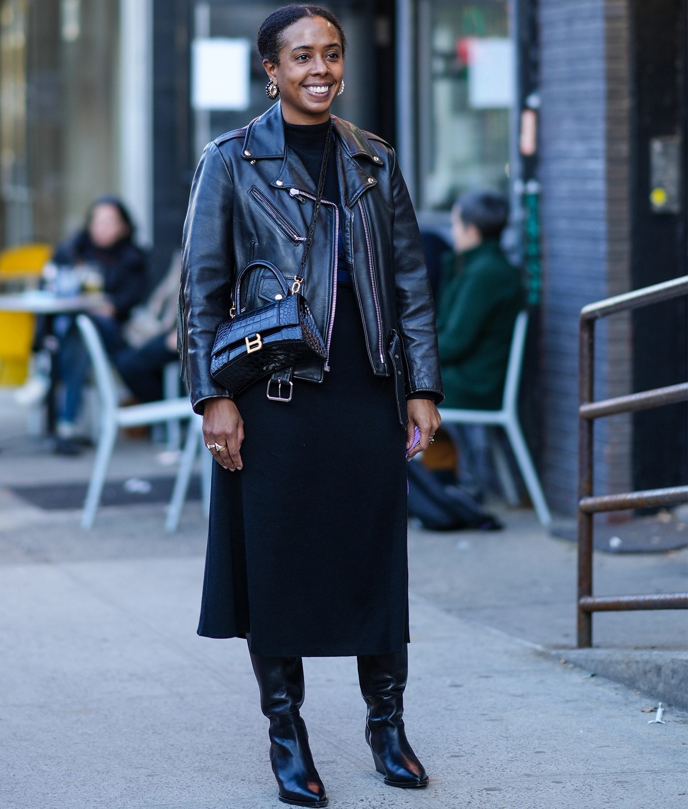 Sharp Leather Moto Jacket Over a Turtleneck Midi Dress — Winter Going Out Outfits