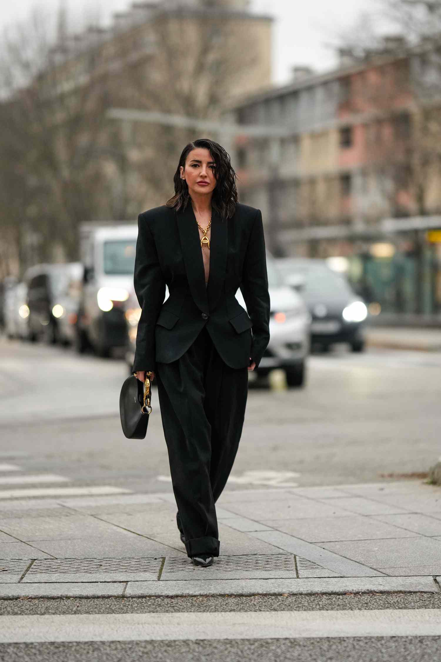 Black Suit with Plunging Neckline for Dinner — Winter Dinner Outfits
