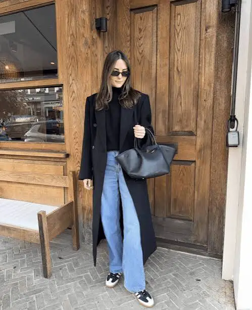 Long Black Wool Coat with Light Blue Wide-Leg Jeans — Winter Dinner Outfits