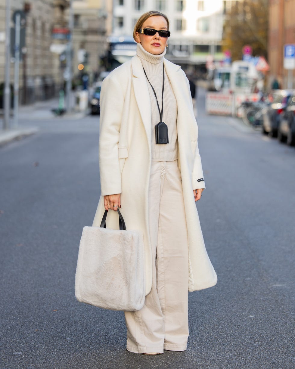 Cream Wool Coat with Matching Wide-Leg Pants — Winter Dinner Outfits