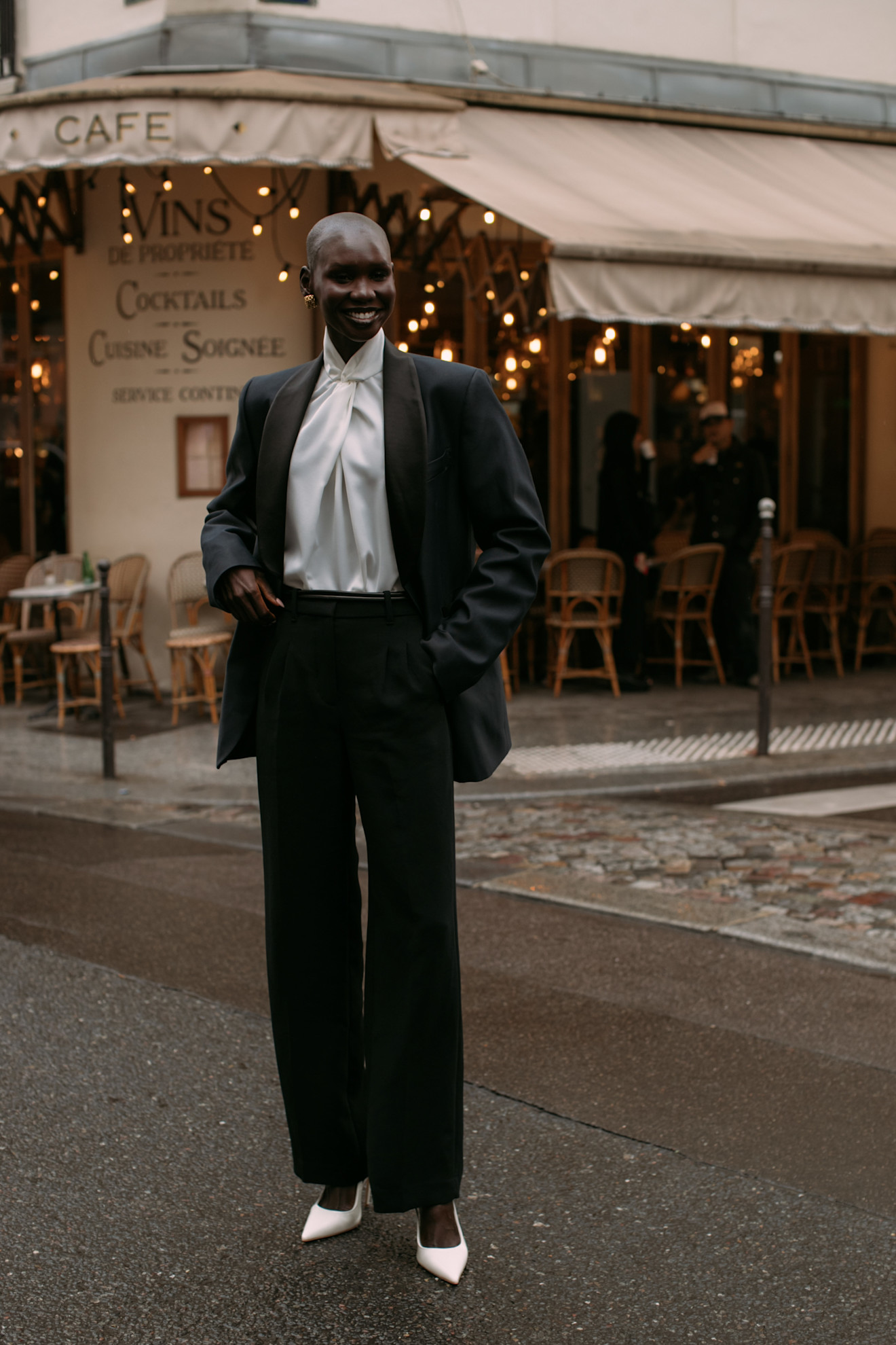 Pinstripe Suit with Dramatic Faux Fur Stole — Winter Business Casual Outfits