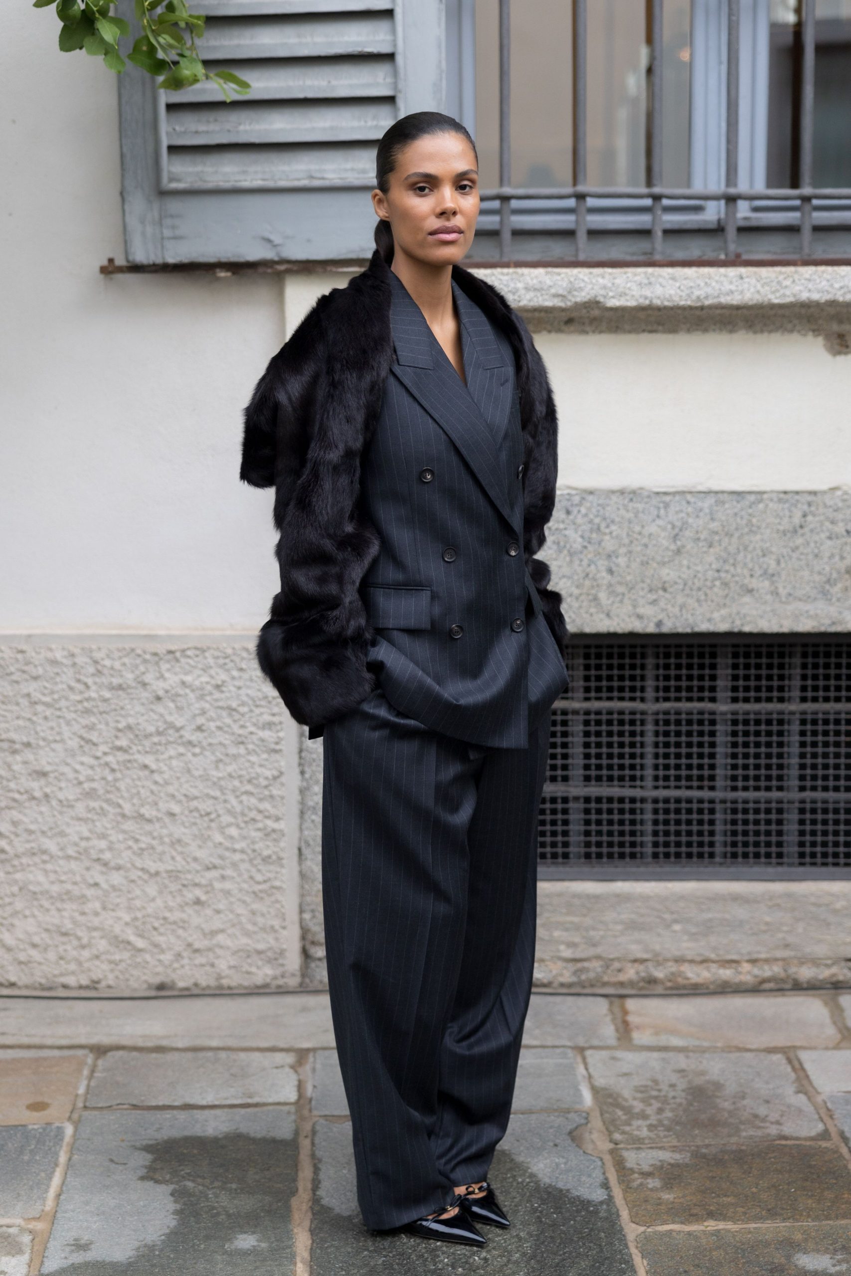 Sharp Black Blazer with Tie and Knee-High Boots — Winter Business Casual Outfits