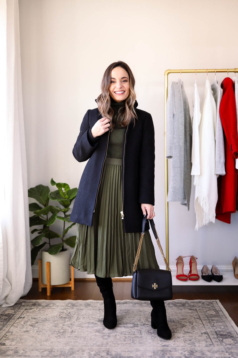Olive Green Turtleneck with Pleated Midi Skirt and Coat — Winter Business Casual Outfits
