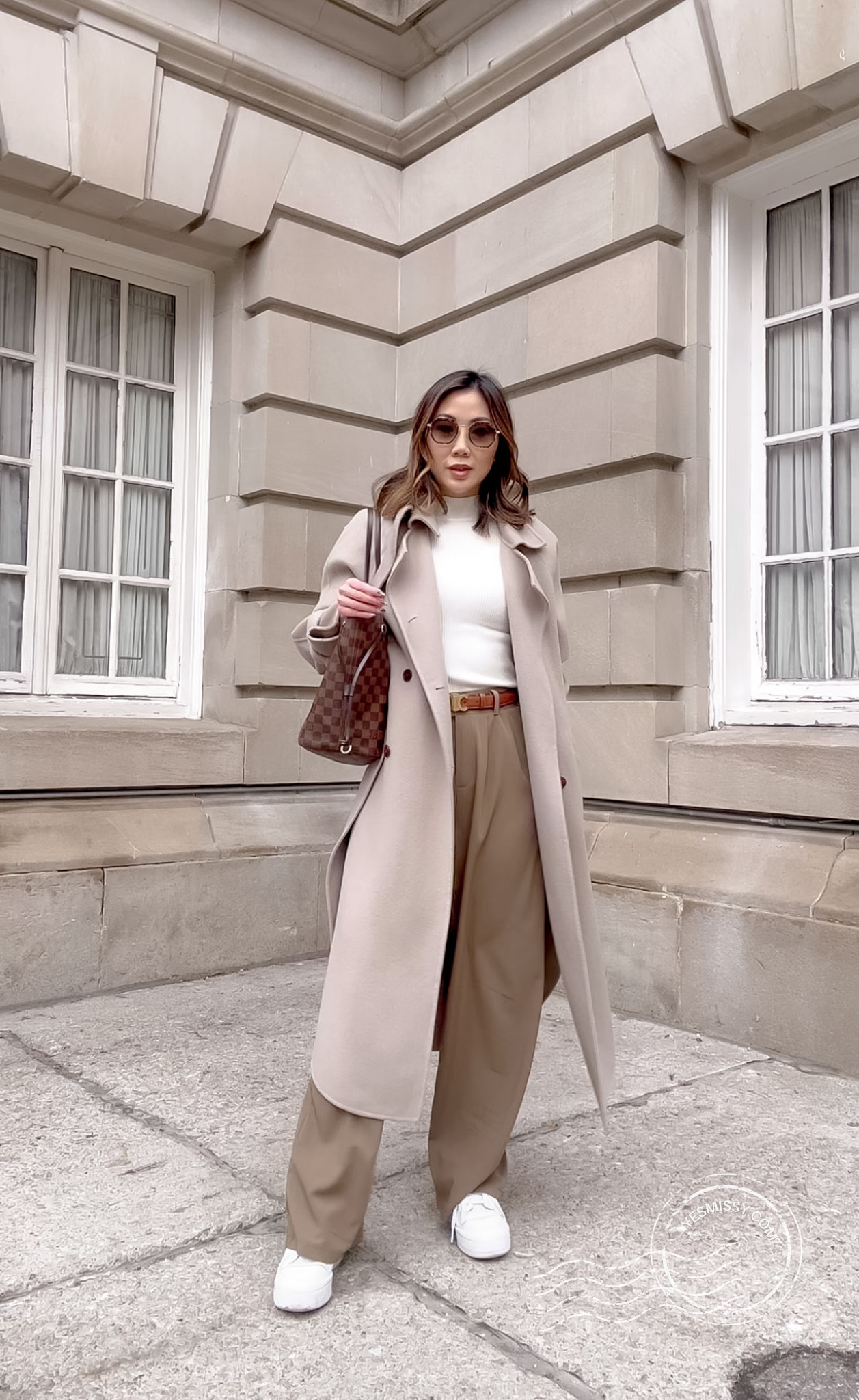 Beige Trench Coat over Turtleneck and Wide-Leg Trousers — Winter Business Casual Outfits