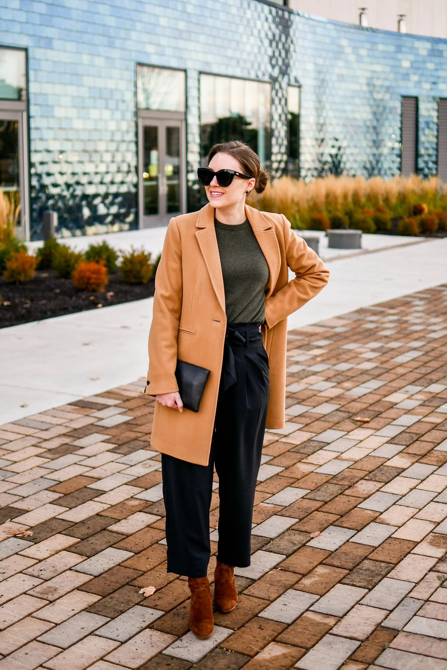 Camel Coat with Olive Green Sweater and Black Trousers — Winter Business Casual Outfits