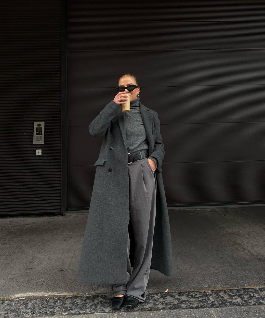 Monochromatic Grey Ensemble with Wool Coat — Winter Business Casual Outfits