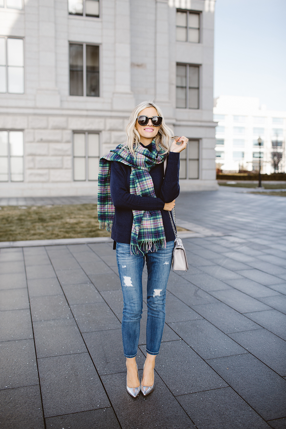 Navy Sweater with Distressed Jeans and Plaid Scarf — Winter Business Casual Outfits