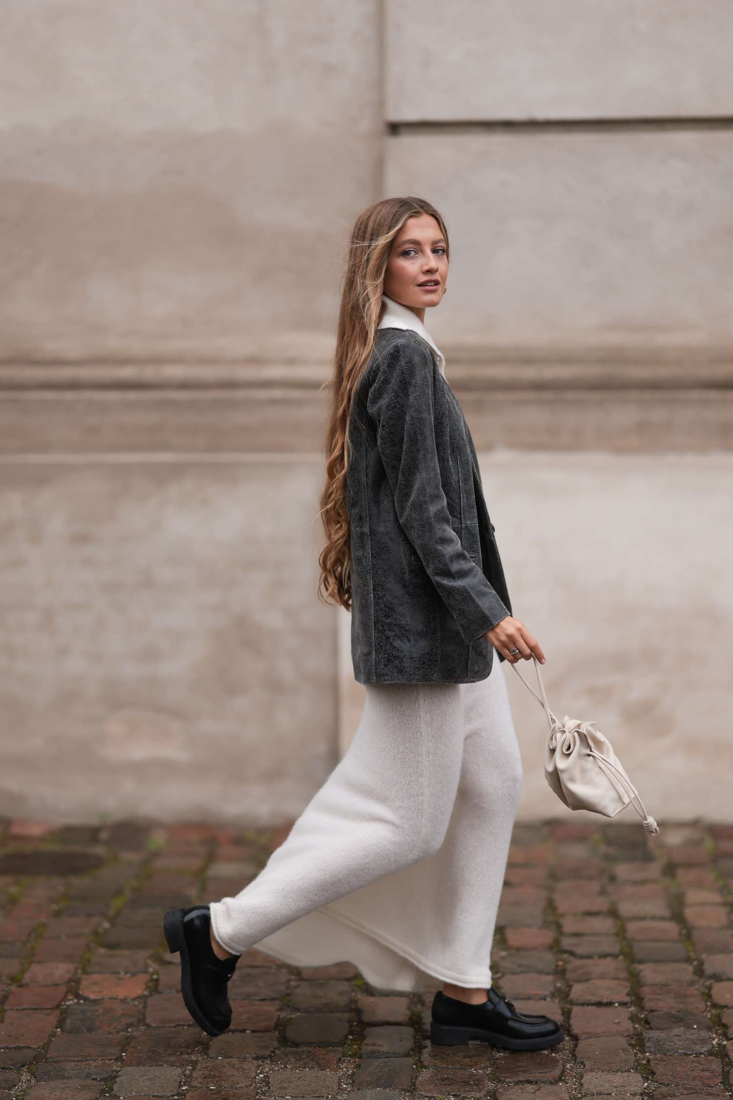 Long Knit Dress with Textured Grey Blazer — Winter Business Casual Outfits