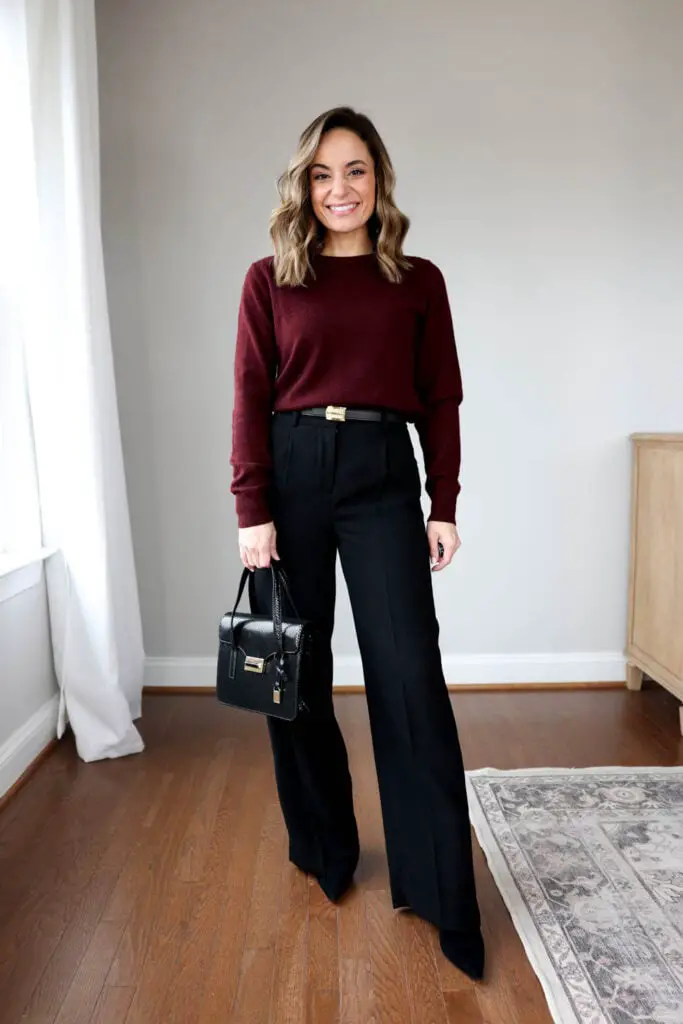 Burgundy Sweater with Black Wide-Leg Trousers — Winter Business Casual Outfits