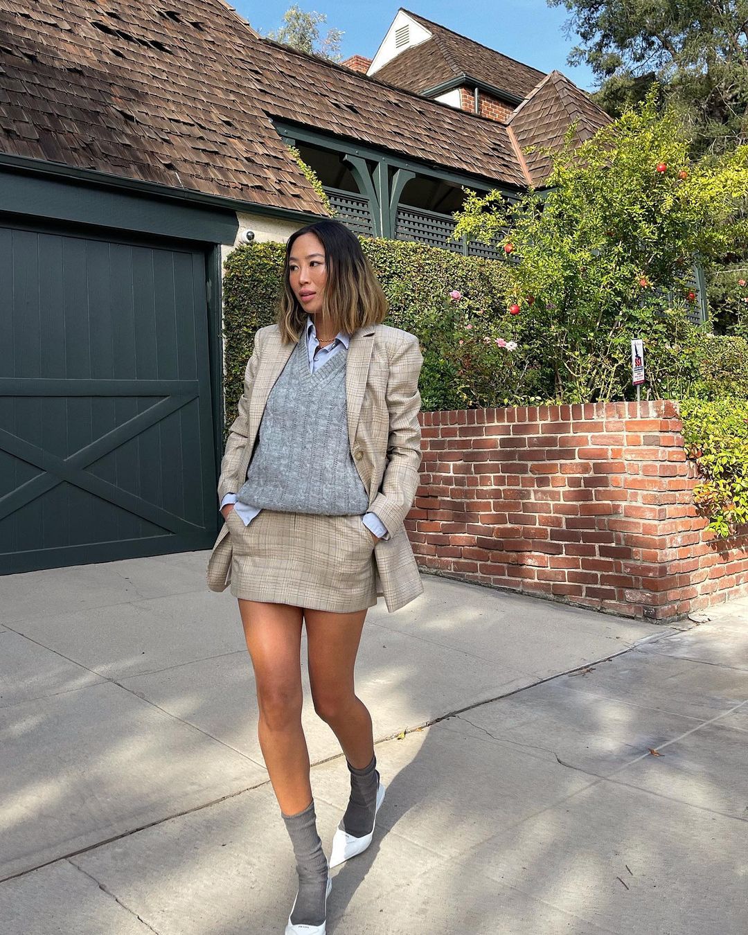 Plaid Blazer with Sweater Vest and Mini Skirt — Winter Business Casual Outfits