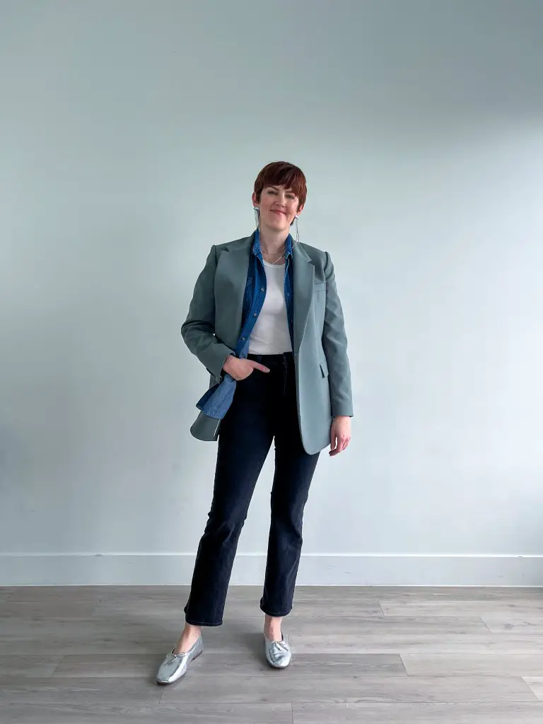 Teal Blazer with Denim and Silver Loafers for Casual Friday Teal Blazer with Denim and Silver Loafers for Casual Friday — Winter Teacher Outfits