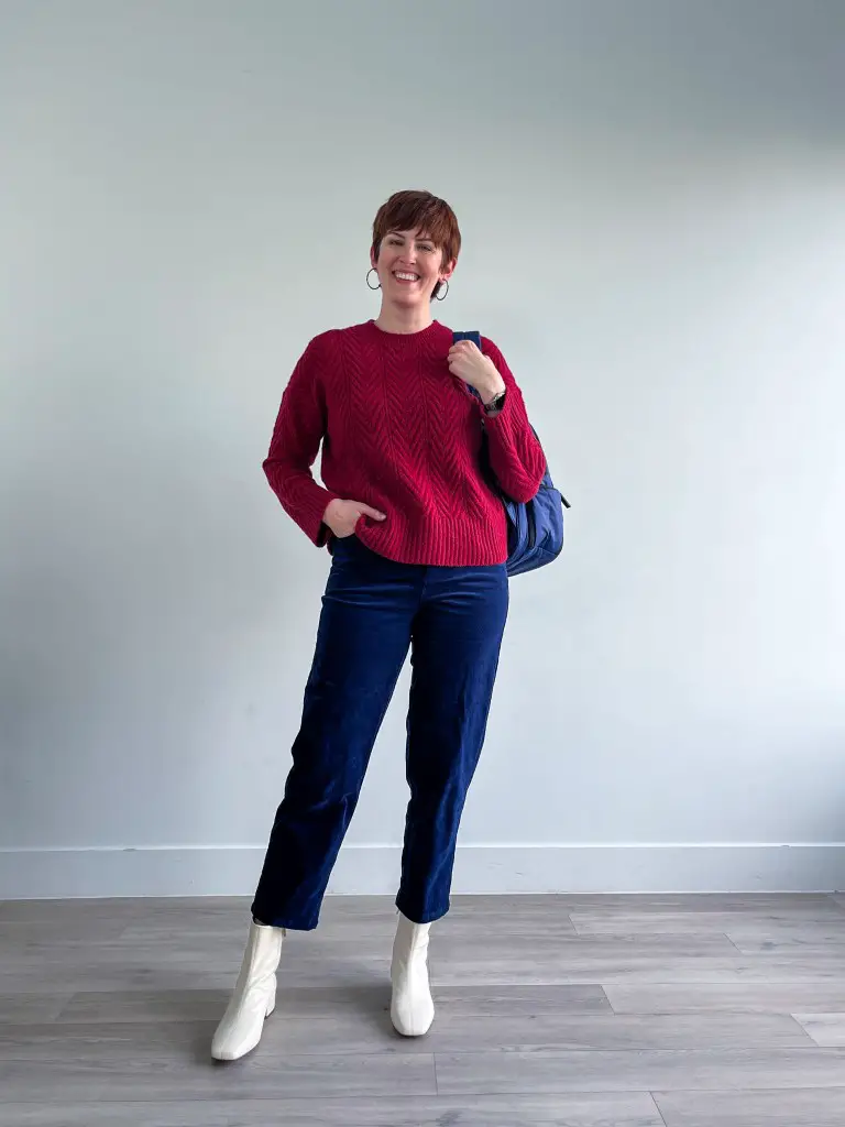 Textured Burgundy Cable-Knit Sweater with Navy Corduroy Textured Burgundy Cable-Knit Sweater with Navy Corduroy — Winter Teacher Outfits