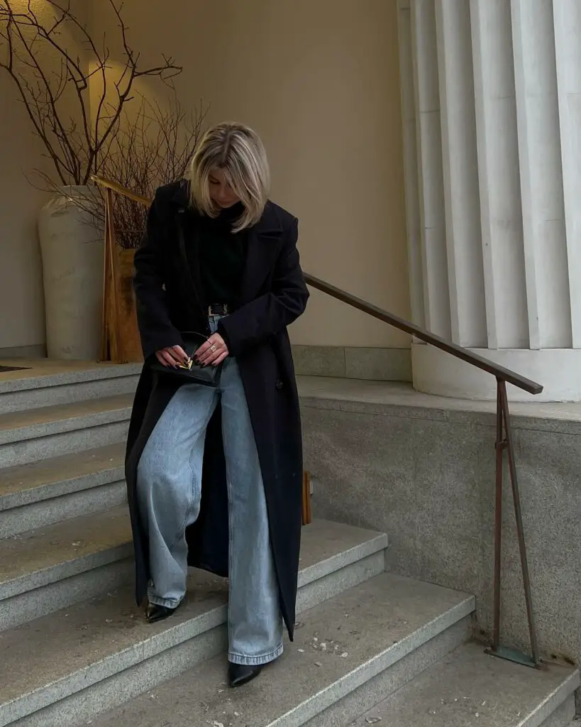 Long Black Coat Over Wide-Leg Jeans and a Dark Green Sweater Long Black Coat Over Wide-Leg Jeans and a Dark Green Sweater — Winter Teacher Outfits