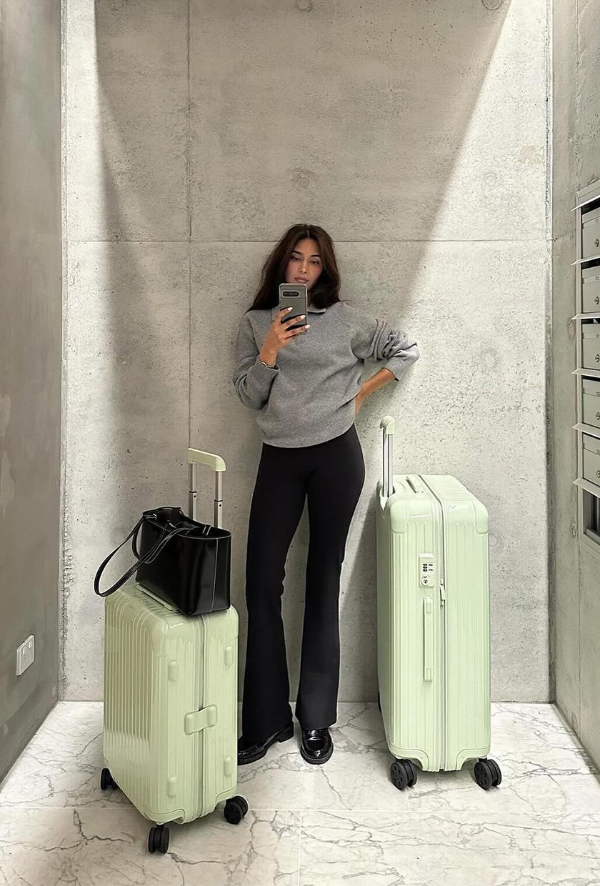 Grey Sweatshirt and Flared Trousers with Loafers for Travel — Winter Travel Outfits