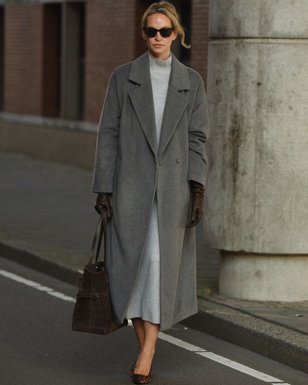 Grey Wool Coat and Midi Dress with Leopard Heels: A Bold Accent Grey Wool Coat and Midi Dress with Leopard Heels: A Bold Accent — Minimalist Winter Outfits