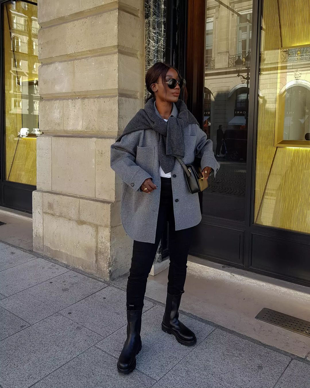 Monochromatic Grey Ensemble with Draped Sweater Accent Monochromatic Grey Ensemble with Draped Sweater Accent — Minimalist Winter Outfits