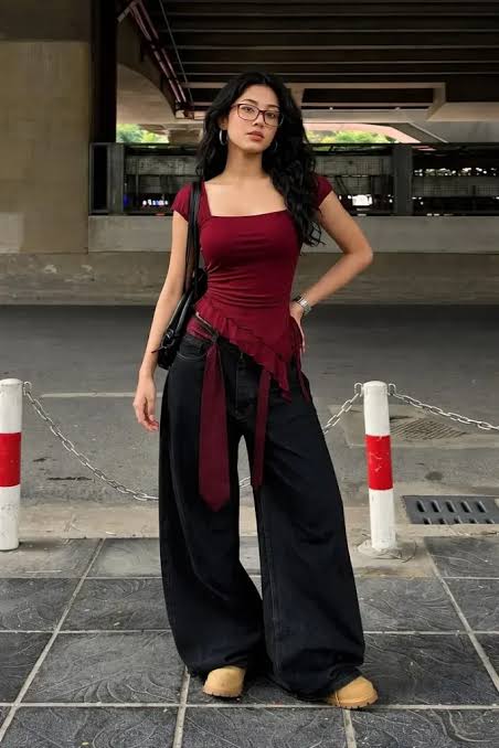 Edgy Asymmetry: Ruffled Top with Wide-Leg Jeans Edgy Asymmetry: Ruffled Top with Wide-Leg Jeans — Baddie Winter Outfits