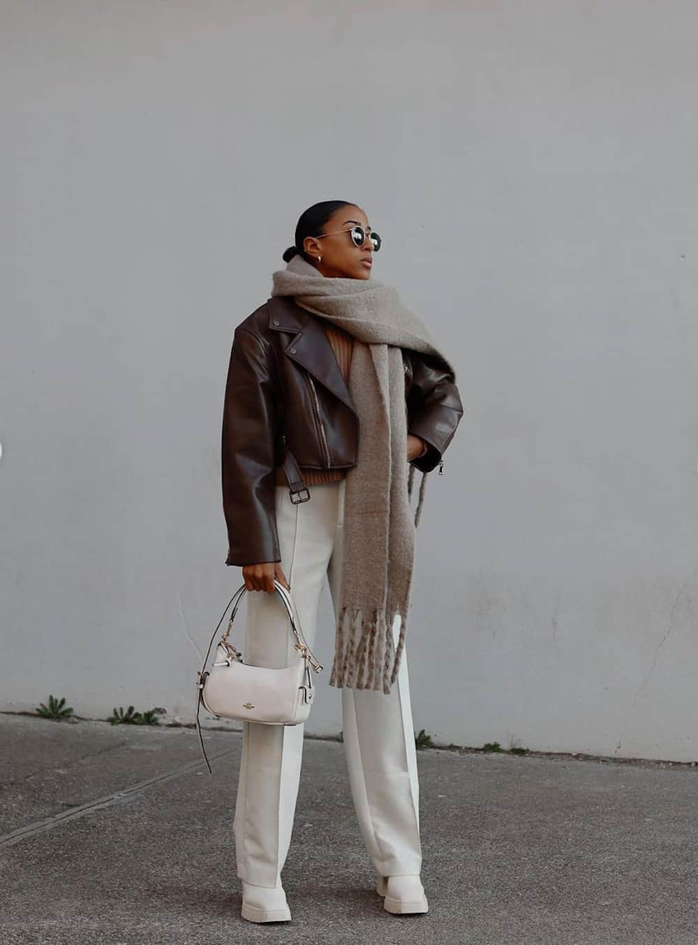 Layered Chic: Cropped Leather Jacket with Wide-Leg Trousers Layered Chic: Cropped Leather Jacket with Wide-Leg Trousers — Baddie Winter Outfits