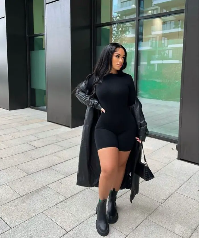 Chic Baddie: Leather Coat Over Mock-Neck Dress Chic Baddie: Leather Coat Over Mock-Neck Dress — Baddie Winter Outfits