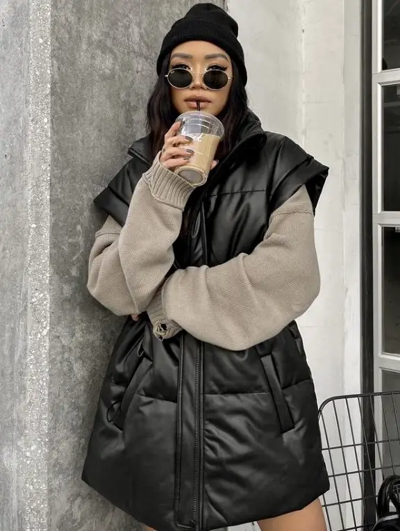 Urban Edge: Faux Leather Vest Over Knit Sweater Urban Edge: Faux Leather Vest Over Knit Sweater — Baddie Winter Outfits