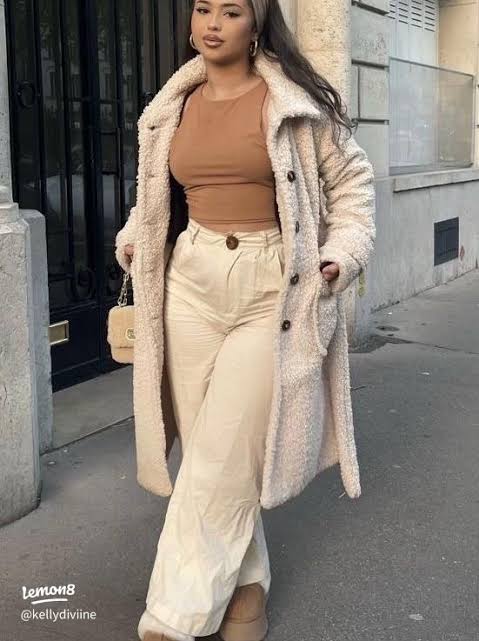 Teddy Luxe: Cream Fleece Coat with Wide-Leg Trousers Teddy Luxe: Cream Fleece Coat with Wide-Leg Trousers — Baddie Winter Outfits