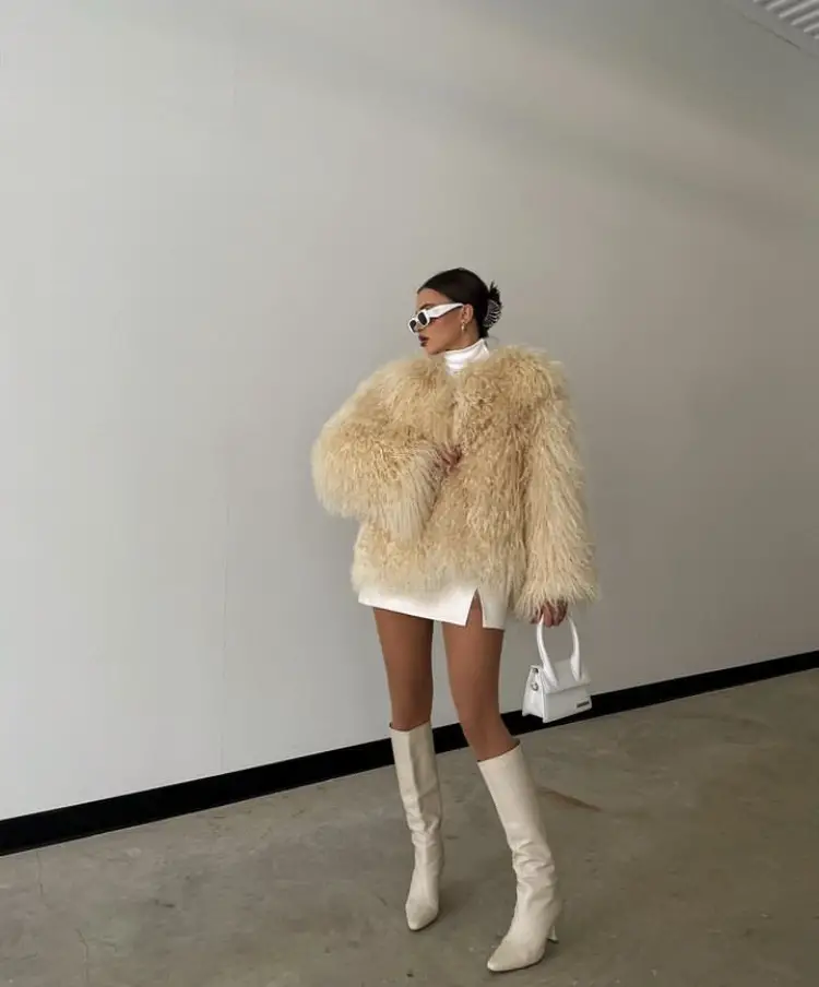 Shaggy Faux Fur: Cream Coat Over Mini Dress Shaggy Faux Fur: Cream Coat Over Mini Dress — Baddie Winter Outfits