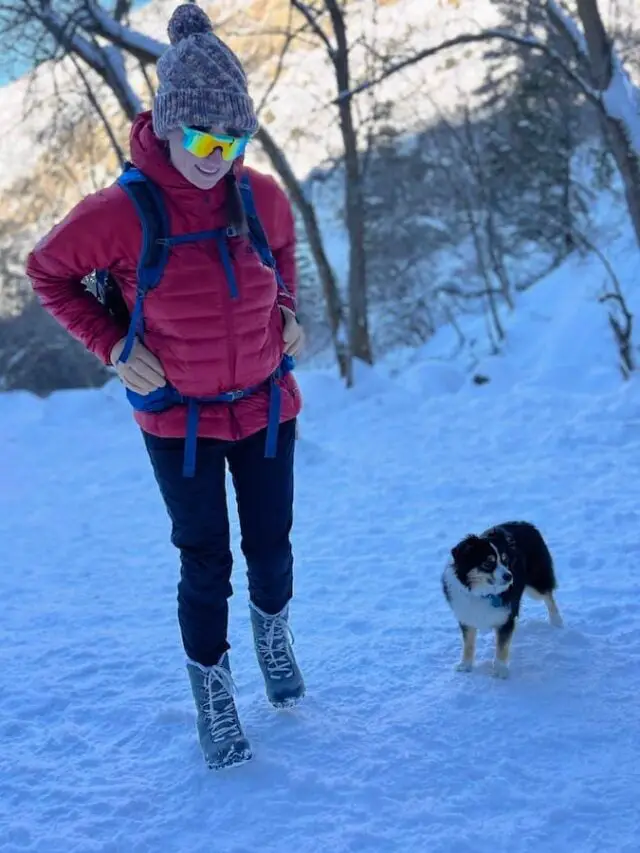 Pink Puffer and Grey Beanie for a Snowy Stroll — Winter Hiking Outfits