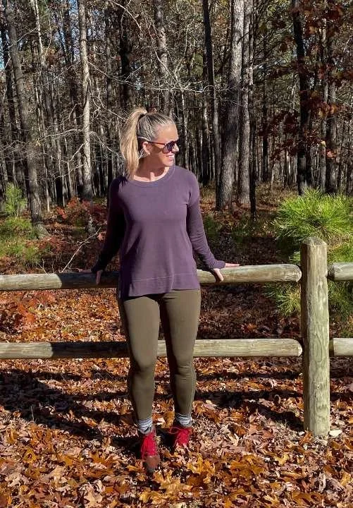 Deep Purple Top and Olive Leggings with Red Boots — Winter Hiking Outfits