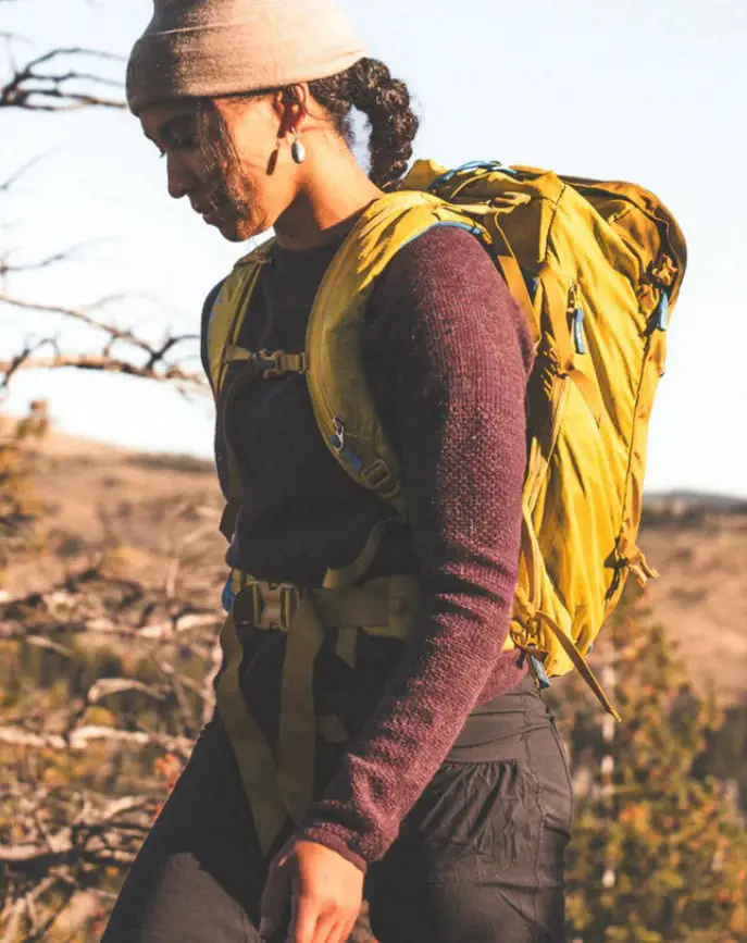 Burgundy Sweater and Yellow Backpack for Trail Adventures — Winter Hiking Outfits
