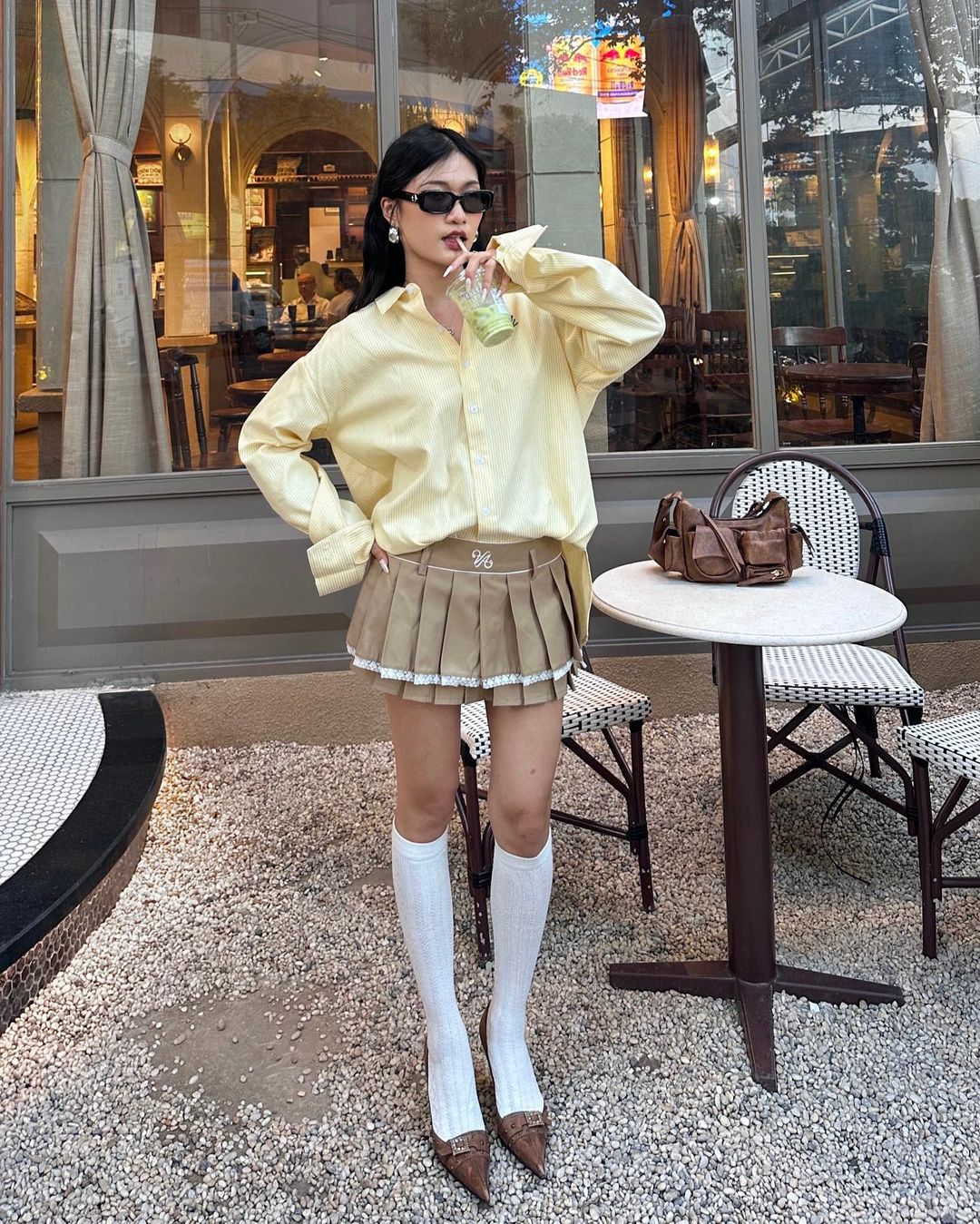 Oversized Striped Shirt Paired with a Tan Mini Skirt and Knee-High Socks Oversized Striped Shirt Paired with a Tan Mini Skirt and Knee-High Socks — Preppy Winter Outfits