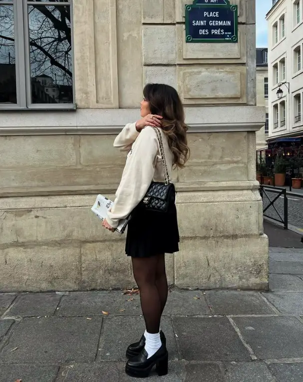 Monochromatic Pink Sweater and Skirt with Platform Loafers Monochromatic Pink Sweater and Skirt with Platform Loafers — Preppy Winter Outfits