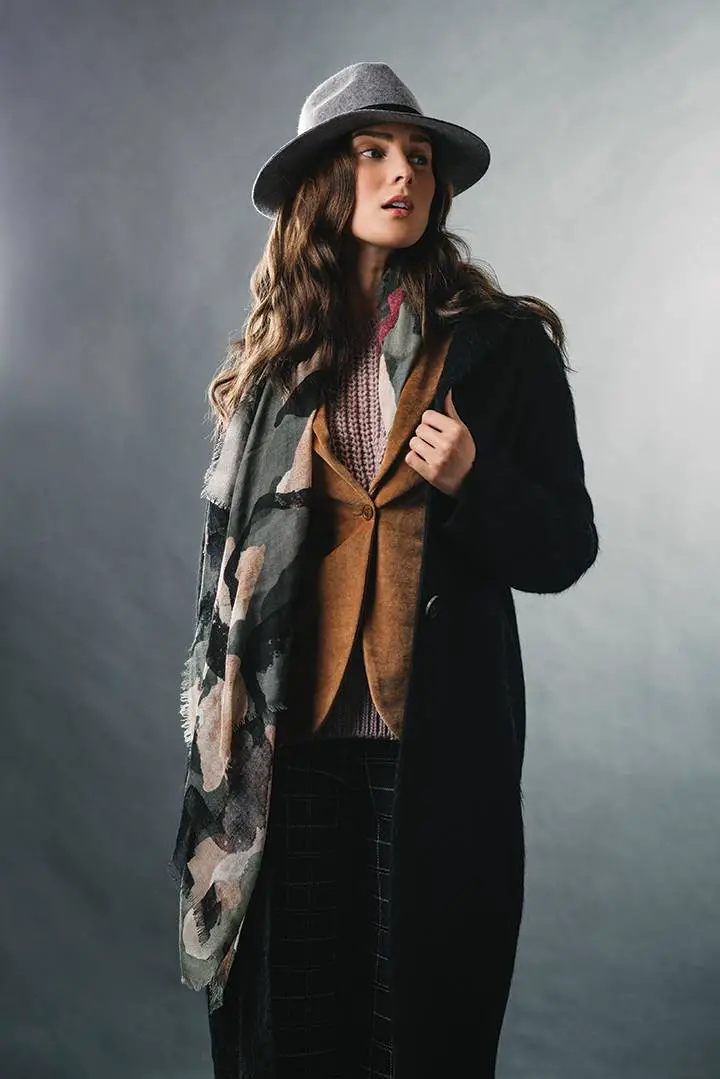 Oversized Coat and Suede Vest: Layered Western Warmth with a Camouflage Accent — Western Winter Outfits